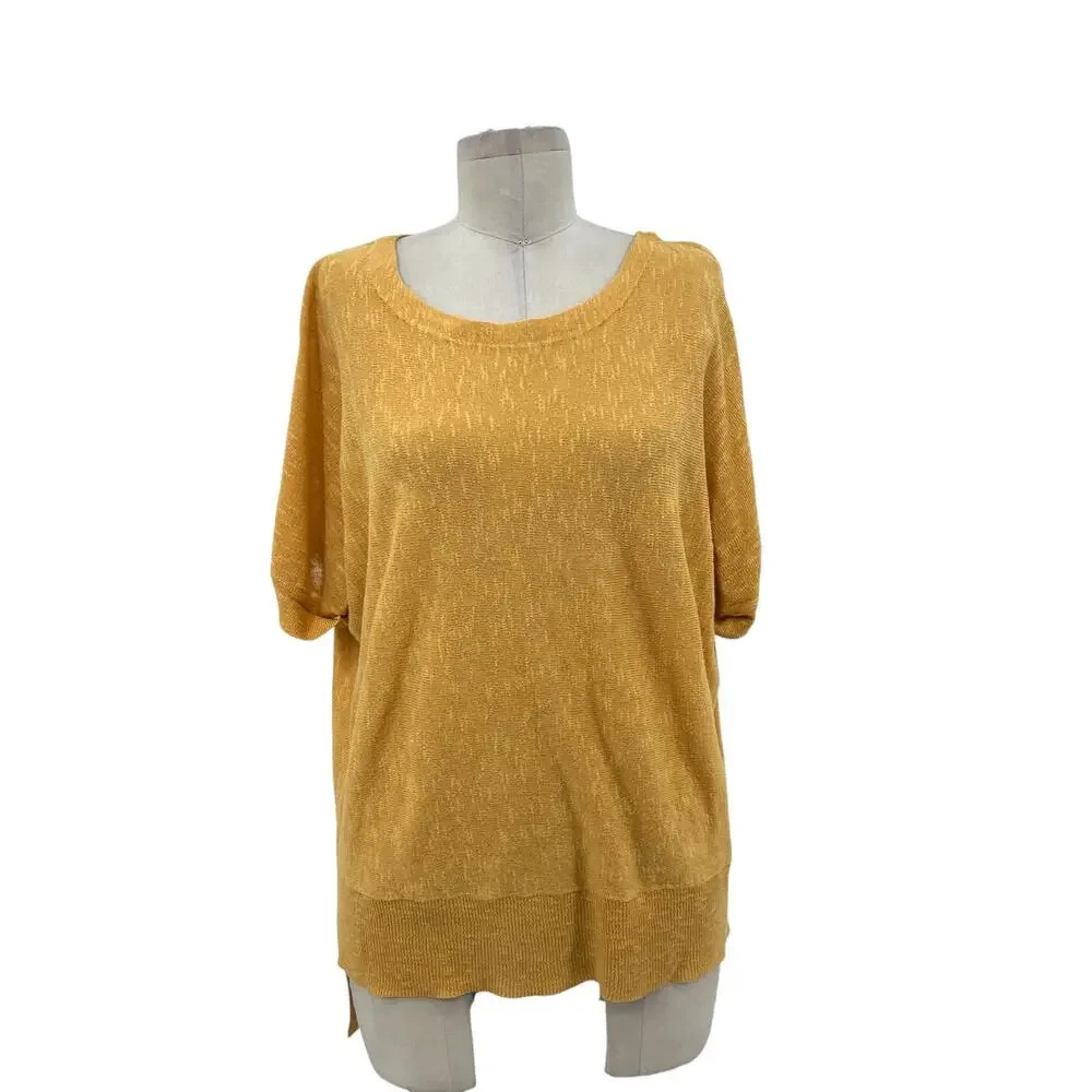 Eileen Fisher Golden Yellow Linen‎ Blend Short Sleeve Sweater Petite Medium PM